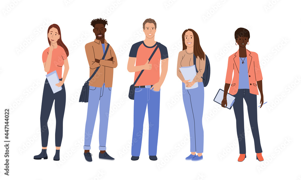 Fototapeta premium Set of students, boys and girls of various nationalities. Color vector illustration of a flat style. White isolated background.