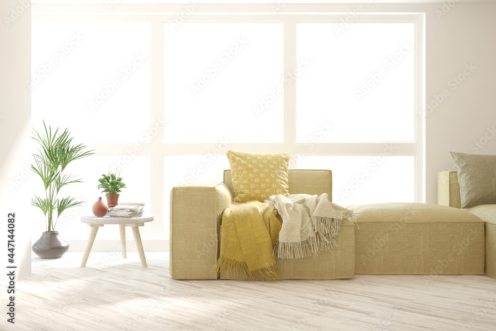 Fototapeta premium White living room with sofa. Scandinavian interior design. 3D illustration