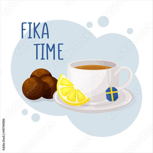 Cup of coffee or tea and Chocolate ball. Coffee break (fika) concept. Isolated hand drawn vector illustration of cute breakfast food.