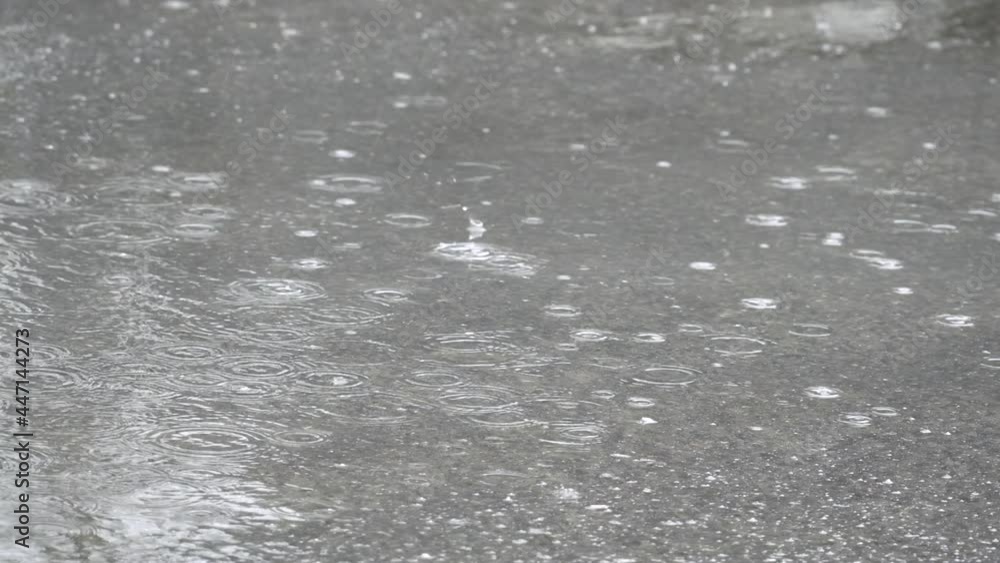 Rain water drops falling into puddle on asphalt. Raindrops falling down into road. Road floods due to the heavy rain. Flooding the street in wet season, slow motion, close up Rain water drops falling into puddle on asphalt. Raindrops falling down into road. Road floods due to the heavy rain. Flooding the street in wet season, slow motion, close up