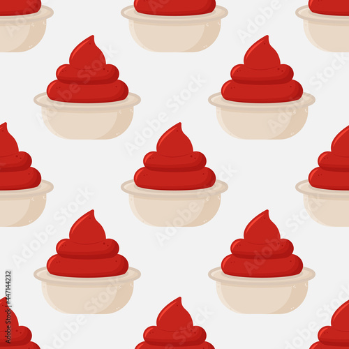 Ketchup sauce seamless pattern. Tomato catsup repeat food wallpaper pattern with sauce cup bowl.