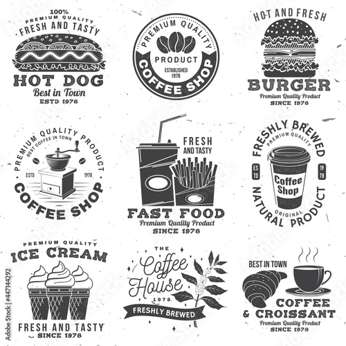 Set of Coffe shop and fast food retro badge template. Vector Typography design with paper coffee cup, branch of coffee tree, hotdog, burger silhouette. Template for menu for restaurant, cafe, bar