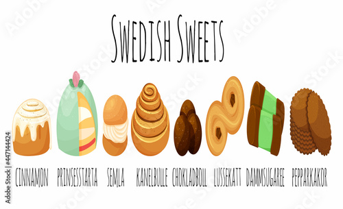 Traditional swedish sweets set. Kanelbulle roll, cinnamon bun, prinsesstarta, semla, chokladboll, lussekatt, dammsugare and pepparkakor (ginger cookies). Vector illustration in the cartoon style. photo