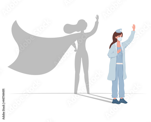 Young female doctor in uniform with superhero shadow vector flat cartoon illustration. Medical worker in protective masks. Hospital superhero, confident and qualified doctor. Healthcare concept.
