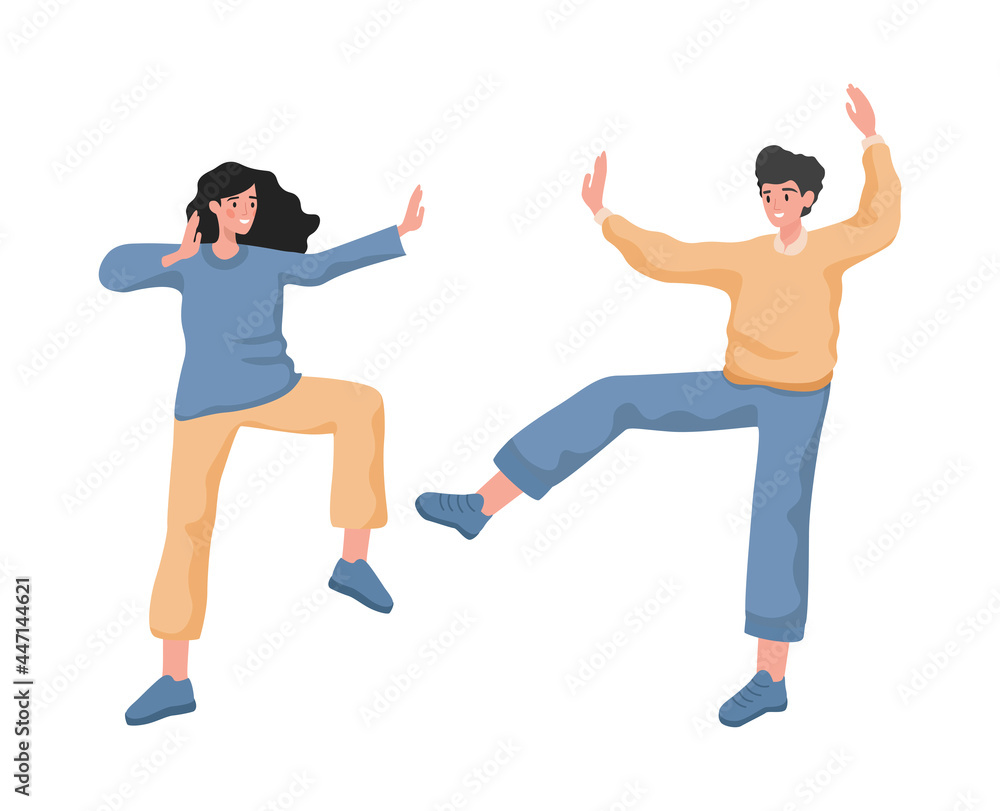Happy smiling man and woman dancing, feeling positive emotions vector flat illustration. Male and female characters isolated on white background. People celebrating birthday or holiday. Happy smiling man and woman dancing, feeling positive emotions vector flat illustration. Male and female characters isolated on white background. People celebrating birthday or holiday.
