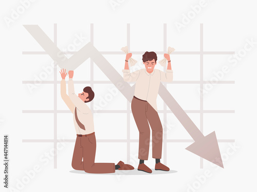 Sad men on the background of falling graph vector flat illustration. Bankruptcy, business problems, budget collapse, investment failure, and economic loan payback problem concept.