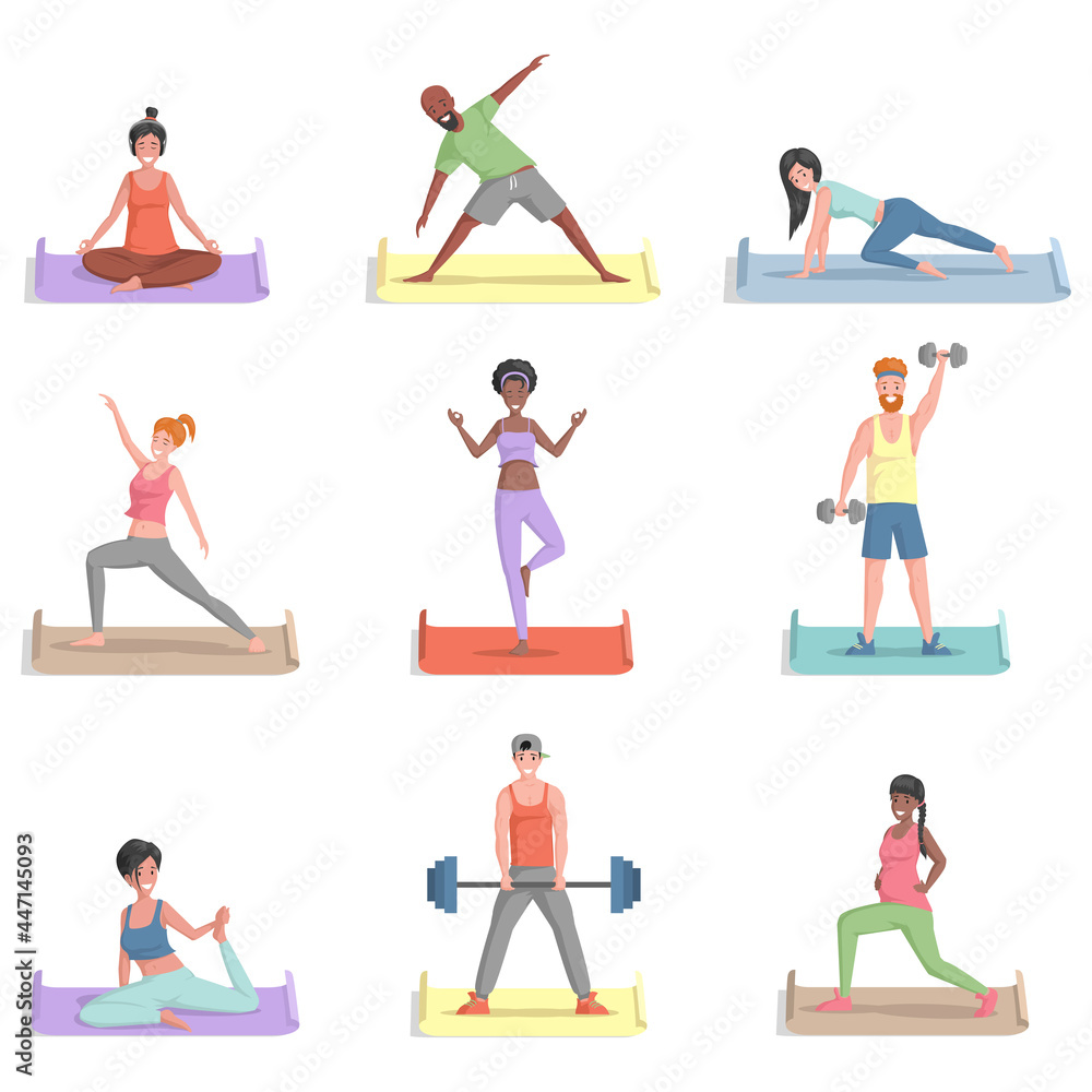 Set of different people training, doing sports activities vector flat illustration. Smiling men and women in sports clothes doing exercises, gymnastics, practice yoga, and stretching.
