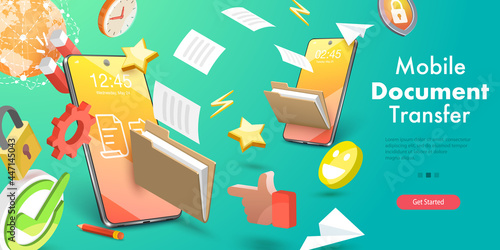 3D Vector Conceptual Illustration of Mobile Document Transfer, Data Sharing Service