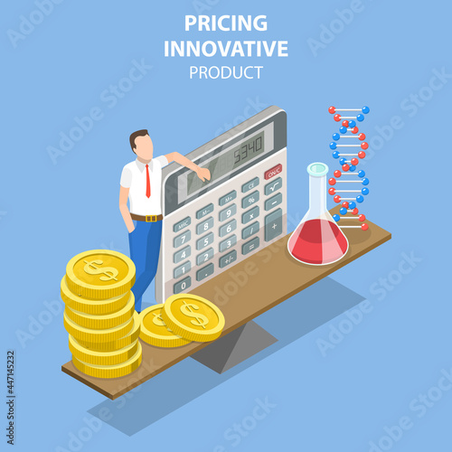 3D Isometric Flat Vector Conceptual Illustration of Pricing Innovative Product, Putting the Right Price on a Innovation