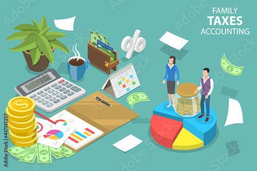 3D Isometric Flat Vector Conceptual Illustration of Family Taxes Accounting, Budget Planning and Analysis
