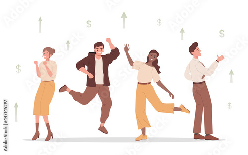 Group of happy smiling people dancing and joy about financial and business success vector flat illustration. Men and women celebrating, feeling positive emotions. Investment, earning money concept.