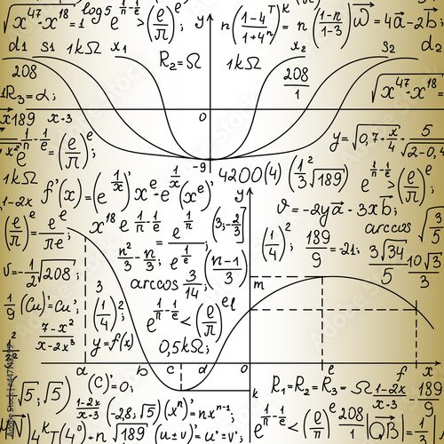 Scientific vector math seamless pattern with handwritten formulas, figures and equations, old paper effect	
