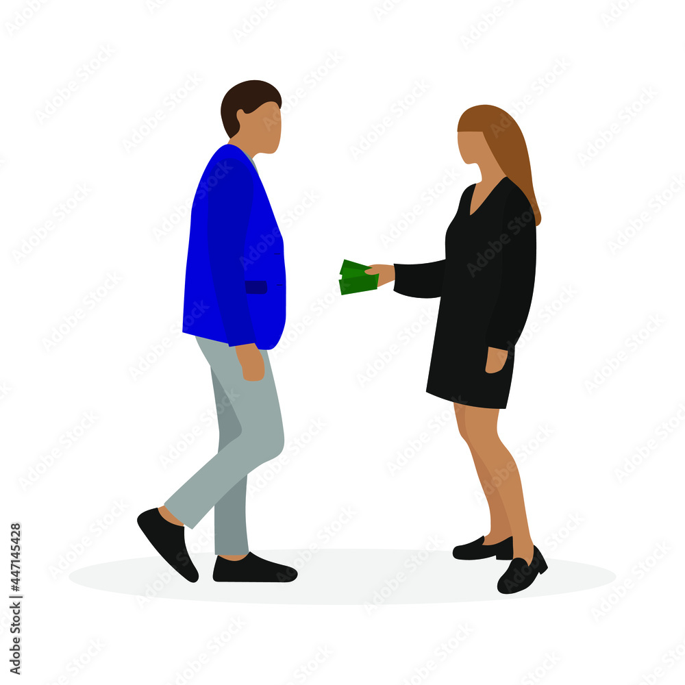 Female character giving money to male character on white background Female character giving money to male character on white background