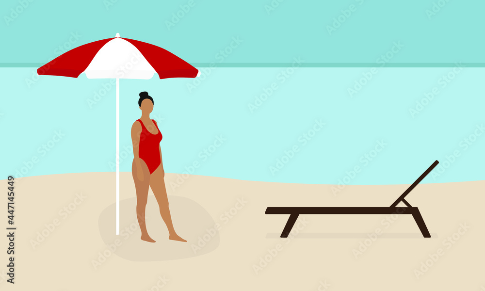 Female character in a swimsuit on the beach stands under an umbrella near a sun lounger