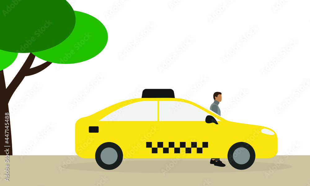 Male character standing next to yellow taxi outdoors
