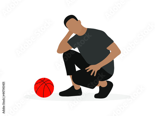 Pensive male character squatting next to basketball ball isolated on white background