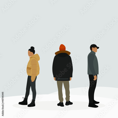 Three characters in a winter landscape