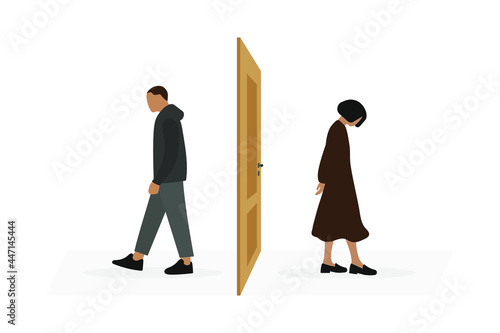 Male character and female character are walking in different directions from the door on a white background