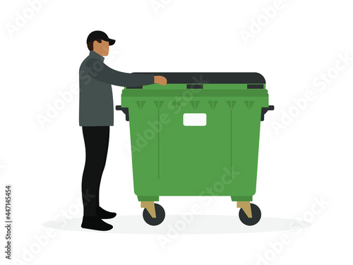 Male character touching the lid of a trash can on a white background