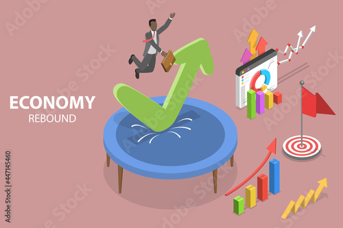 3D Isometric Flat Vector Conceptual Illustration of Economy Rebound, Economic Stabilization and Recovery