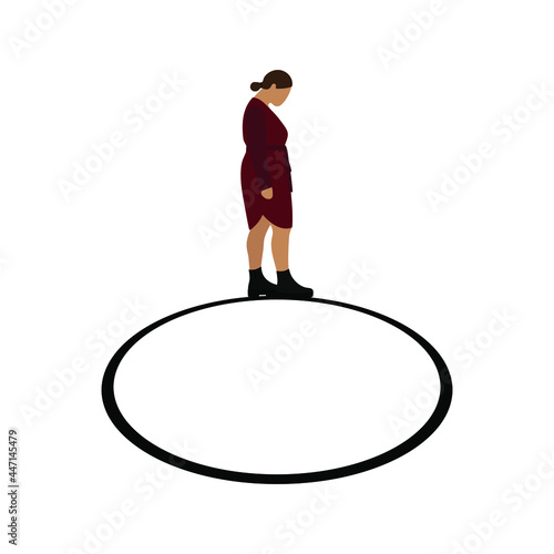 Female character with lowered head walks in a circle on a white background