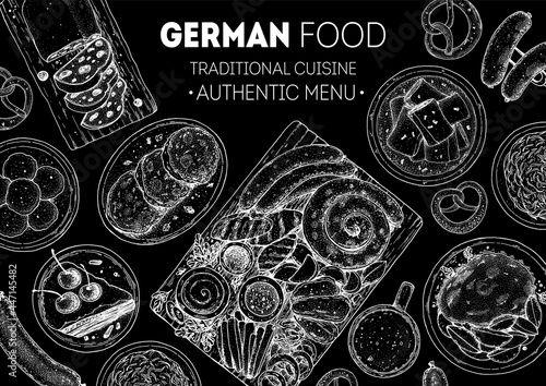 German food menu sketches. Design template. Hand drawn illustration. German cuisine. Black and white. Engraved style. Hand drawn food sketch illustration