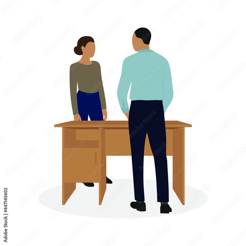 A male character and a female character are standing near a desk on a white background A male character and a female character are standing near a desk on a white background