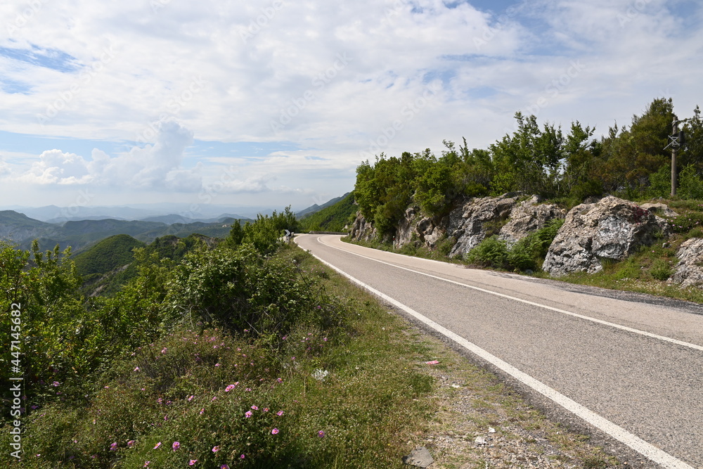 Road over the Kraba Pass with mountains in the background near Tirana in Albania Road over the Kraba Pass with mountains in the background near Tirana in Albania