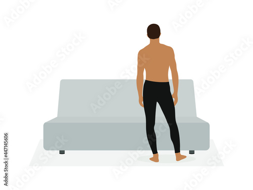 Male character in underpants stands with his back near the sofa on a white background
