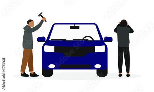 Two male characters break someone else's car on a white background