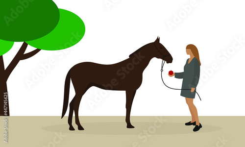 Female character gives horse an apple outdoors