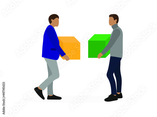 Two male characters with large cubes in their hands are standing side by side on a white background