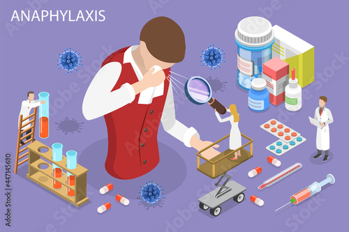 3D Isometric Flat Vector Conceptual Illustration of Anaphylaxis, Allergic Reactions and First Aid