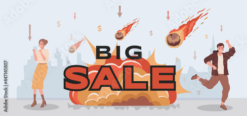 Big sale vector flat banner design. People celebrating sales. Large burning meteorites falling on prices. Price reducing during seasonal sale. Promotion billboard concept for shopping and marketing.