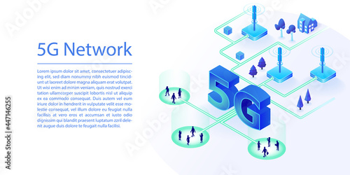 5G network web banner background for the telco industry. 3d isometric vector illustration of 5G telephony and antennas.