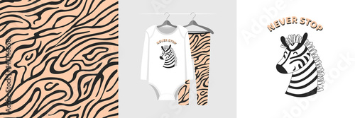 Seamless pattern and illustration with zebra, quote Never stop