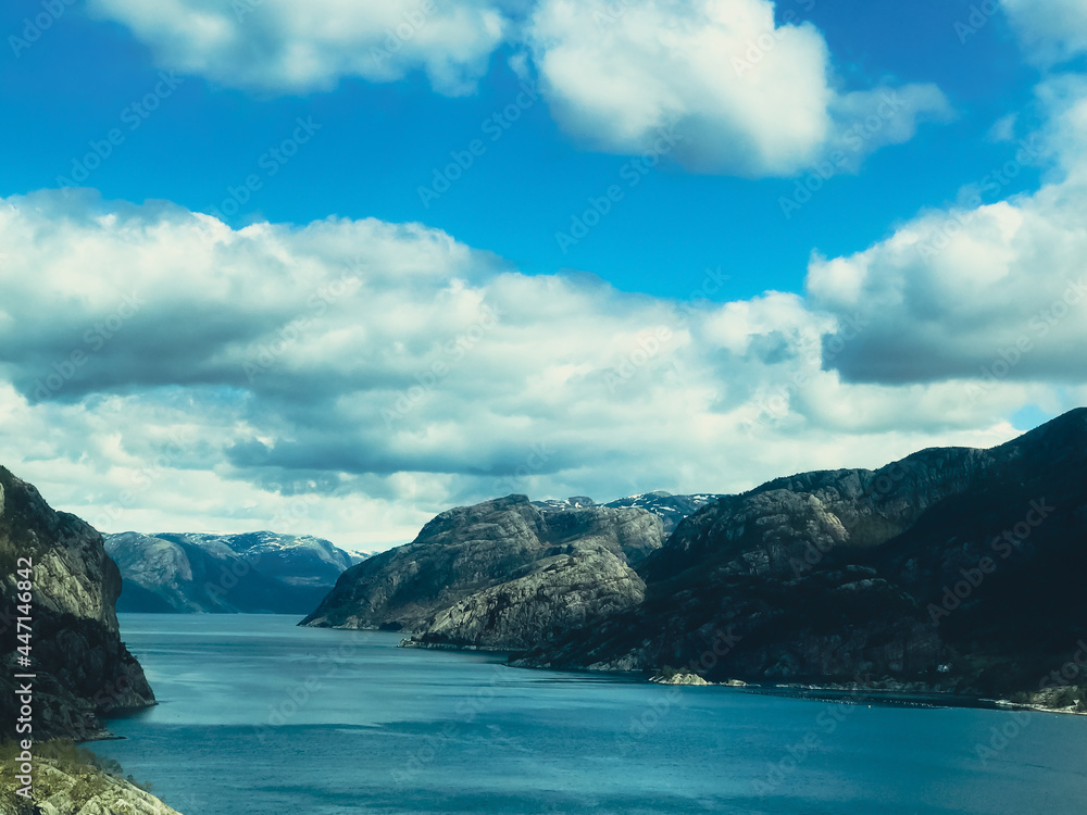 Preikestolen, Norway: view on the fjord on a sunny day