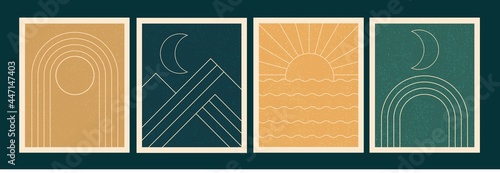 Vector set of linear boho posters. Moon, sun, rainbow, sea, mountain logo design templates.