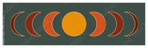 Moon phases. Art balance composition with colorful moon. Canvas texture imitation.