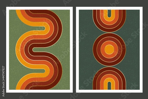 Mid century wall art. Retro, boho style composition with rainbow, wave.