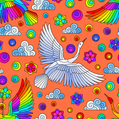 Seamless pattern with bright birds  clouds and flowers  bright birds on an orange background