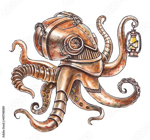 Watercolor illustration of a steampunk octopus. Bronze robot octopus with a kerasin lamp. Steampunk drawing photo