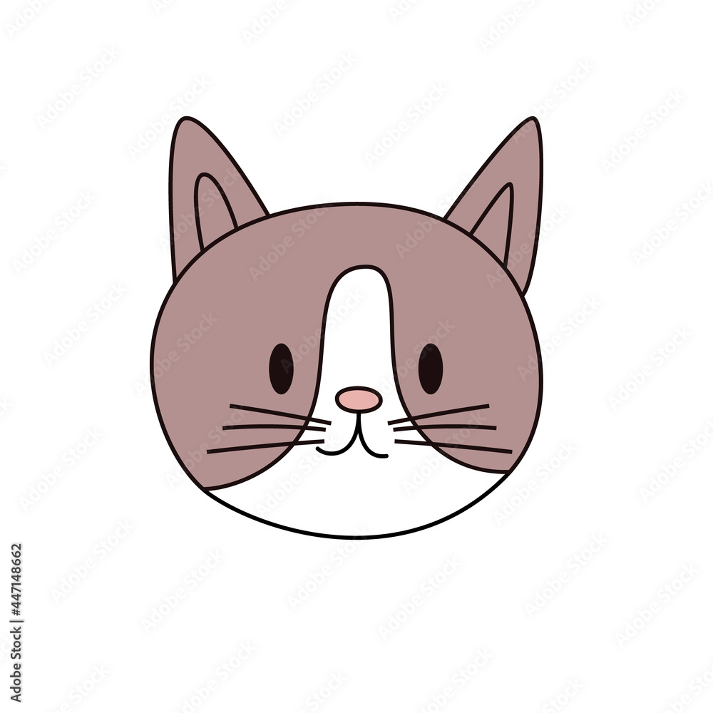 Obraz premium Cartoon gray cat head isolated. Colored vector illustration of a cat head with an outline on a white background. Cute pet illustration.