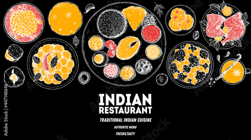 Indian food illustration. Hand drawn sketch. Indian cuisine. Vector illustration. Menu background. Engraved style.