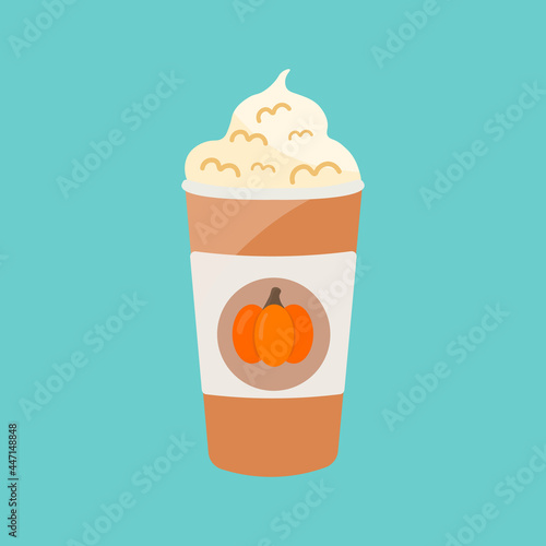 Pumpkin spice latte coffee cup. Seasonal hot drink isolated on blue background. Illustration for autumn menu or greeting cards.