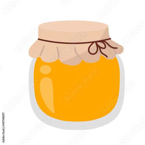 Glass jar with honey in cartoon style isolated on white background. Hand drawing food.