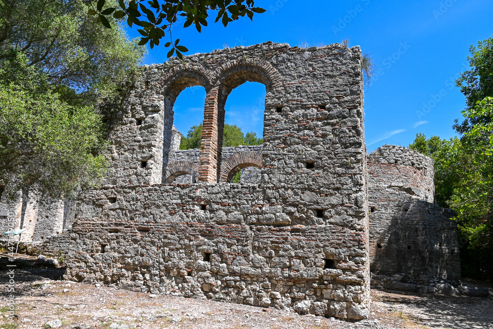 Stone wall of the early Christian Byzantine basilica in the ruins of ...