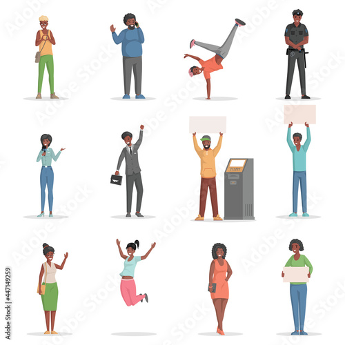 Set of different people jumping, holding placards, talking phone vector flat illustration. Happy men and women of different ages, weights, races, and professions isolated on white background.
