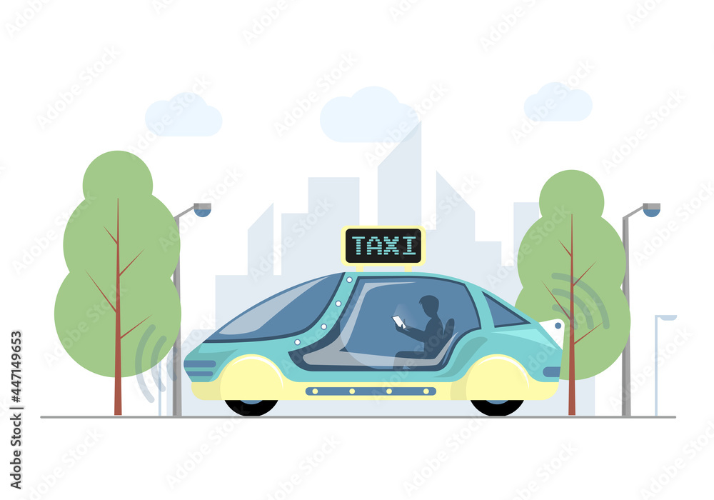 Future express taxi in city vector flat illustration. Futuristic high speed automobile on background of modern town. Autonomous electric smart taxi with passenger and cityscape on backdrop. Future express taxi in city vector flat illustration. Futuristic high speed automobile on background of modern town. Autonomous electric smart taxi with passenger and cityscape on backdrop.