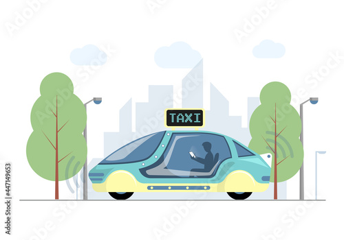 Fototapeta Naklejka Na Ścianę i Meble -  Future express taxi in city vector flat illustration. Futuristic high speed automobile on background of modern town. Autonomous electric smart taxi with passenger and cityscape on backdrop.
